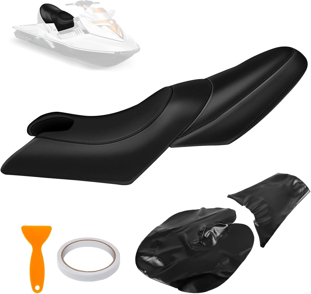 Seat Cover Replacement for SeaDoo 2002-2009 GTX 4-Tec, SC, LTD/RXT, RXT-X 215 255 / Wake 155 215 / GTX DI, High-Elasticity Black PU Leather, with Staple Remover & Installation Accessories