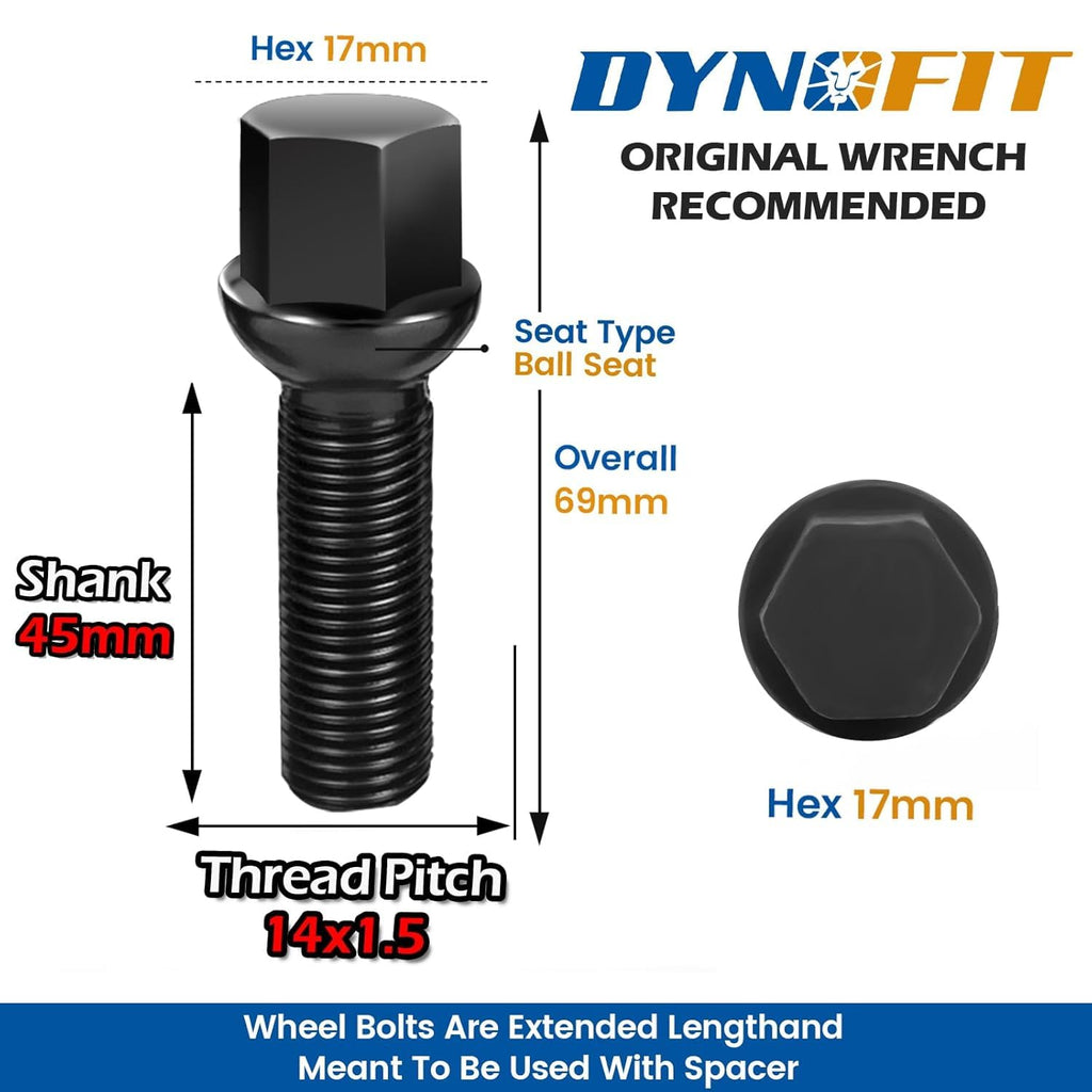 Dynofit M14x1.5 Lug Bolts Compatible with Audi A4 A3 A1 A8,20pcs Ball Seat 45mm Shank for 20 mm Wheel Spacers, 17mm hex Aftermarket Extended Black Bolts Fit CC Golf Jetta Lavid Se