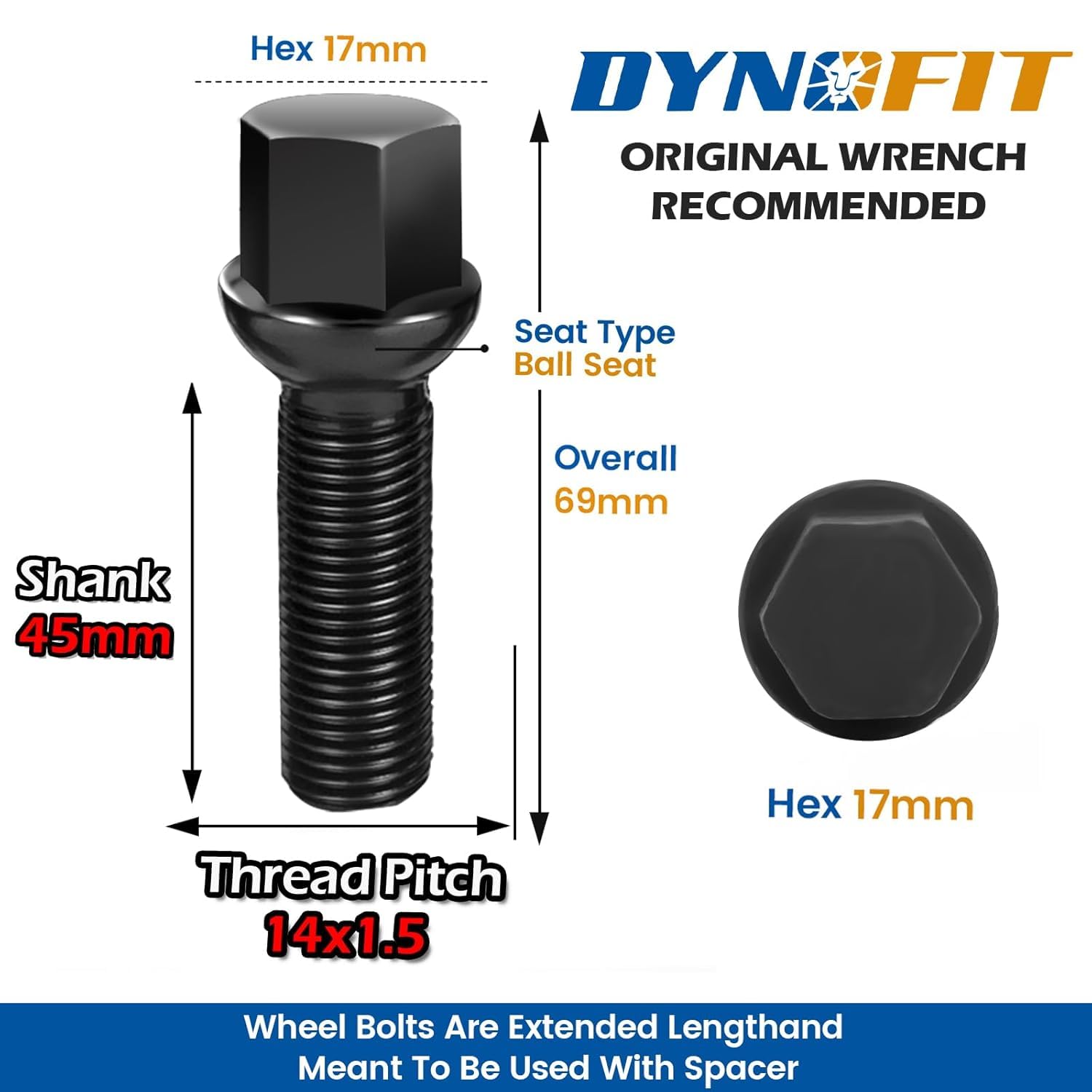 Dynofit M14x1.5 Lug Bolts Compatible with Audi A4 A3 A1 A8,20pcs Ball Seat 45mm Shank for 20 mm Wheel Spacers, 17mm hex Aftermarket Extended Black Bolts Fit CC Golf Jetta Lavid Se