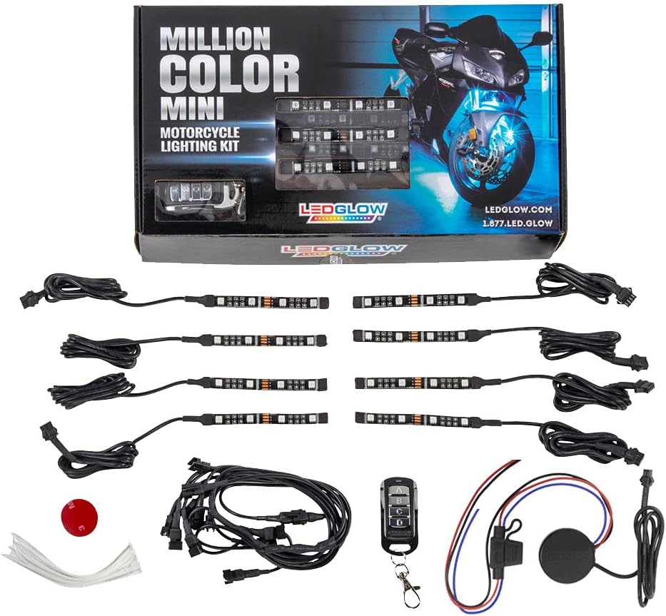 LEDGlow 8pc Advanced Million Color Mini LED Motorcycle Accent Underlow Light Kit - 15 Solid Colors - 6 Patterns - 4" Multi-Color Flexible Strips - Includes Waterproof Control Box & Wireless Remote