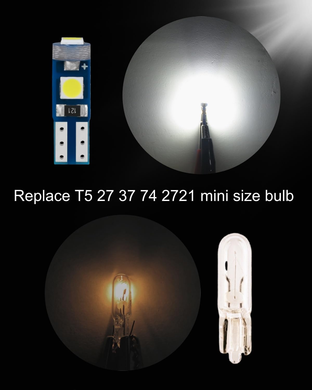 White T5 LED Bulb 37 74 2721 PC74 PC37, 3030 Chip Super Bright 12 Volt Replacements, Interior Dome Map Glove Box Shifter Indicator Dash Instrument Panel Gauge Cluster Lights (Pack of 10)