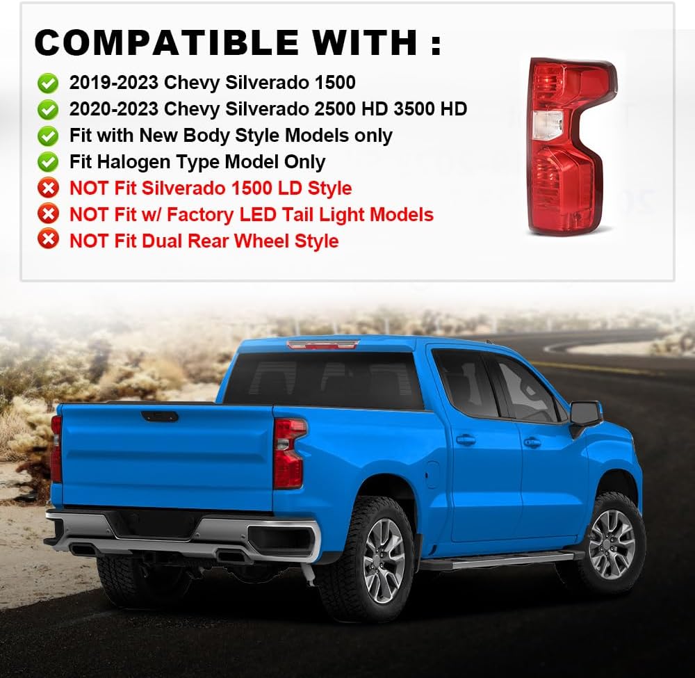 PIT66 Tail Lights Lamps Right Side Compatible with 2019-2023 Chevy Silverado 1500 2500 HD 3500 HD/Fit Halogen Type Model Only/Not Fit w/Factory Rear Light Lamp Assembly