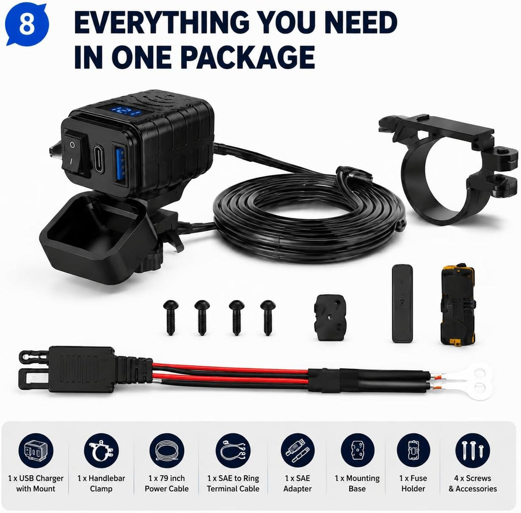 USB Charger for Motorcycle Yamaha Grizzly 2014-2015 Waterproof QC3.0 USB-C PD SAE Power Socket with Voltmeter for ATV UTV RV Boat