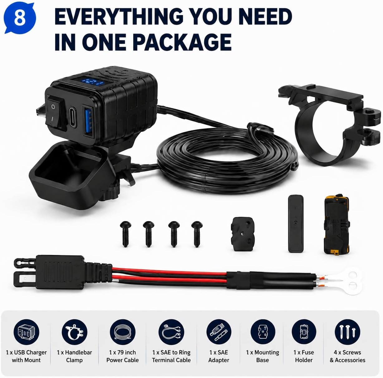 USB Charger for Motorcycle Yamaha Grizzly 2014-2015 Waterproof QC3.0 USB-C PD SAE Power Socket with Voltmeter for ATV UTV RV Boat