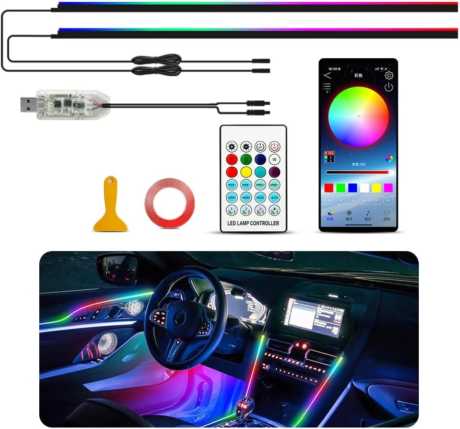 Ambient Lighting Car led Lights Interior, 43.3'' USB Powered Acrylic Neon Flexible Strip Model y Ambient Lighting kit with Remote APP,Dynamic RGB 2 in 1 Music Lights Sync for Inside car Decorations