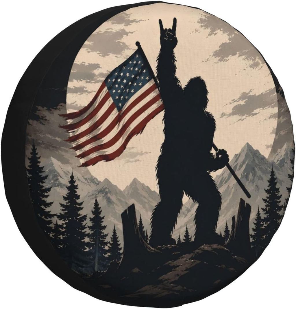 Patriotic Bigfoot Spare Tire Cover for RV Camper SUV Truck, Waterproof Polyester Tire Wheel Cover, Universal Fit Outdoor Spare Wheel Protector with 15in
