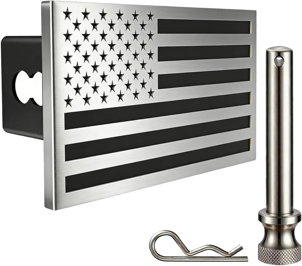 Synrroe 2" Heavy Duty Stainless Steel Flag Hitch Cover, Car Wash Safe | Brushed Stainless Steel Flag, Aluminum Base, Mechanically Fastened, Won't Rust or Peel, 5/8" Stainless Pin