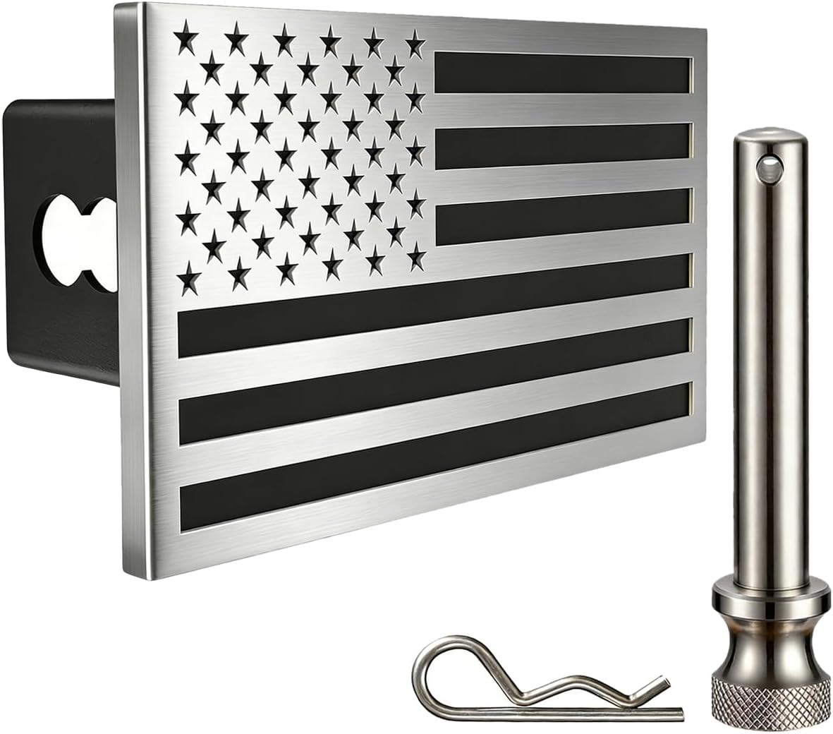 Synrroe 2" Heavy Duty Stainless Steel Flag Hitch Cover, Car Wash Safe | Brushed Stainless Steel Flag, Aluminum Base, Mechanically Fastened, Won't Rust or Peel, 5/8" Stainless Pin