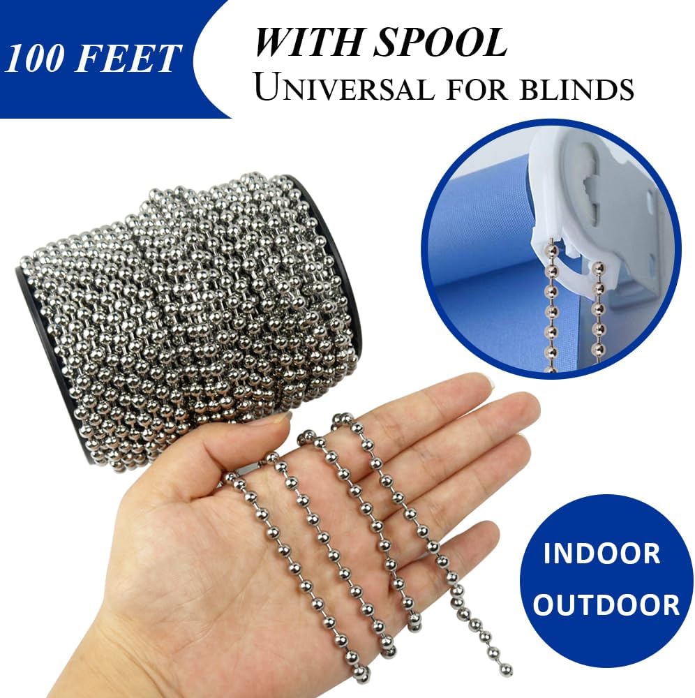 100ft ball bead chain, 304 stainless steel, #10 shown in use