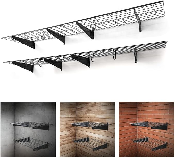Fencer Wire 96 in. W x 18 in. D Wall Mounted Garage Wall Shelving w/ 4 Hooks by Fencer+Wire