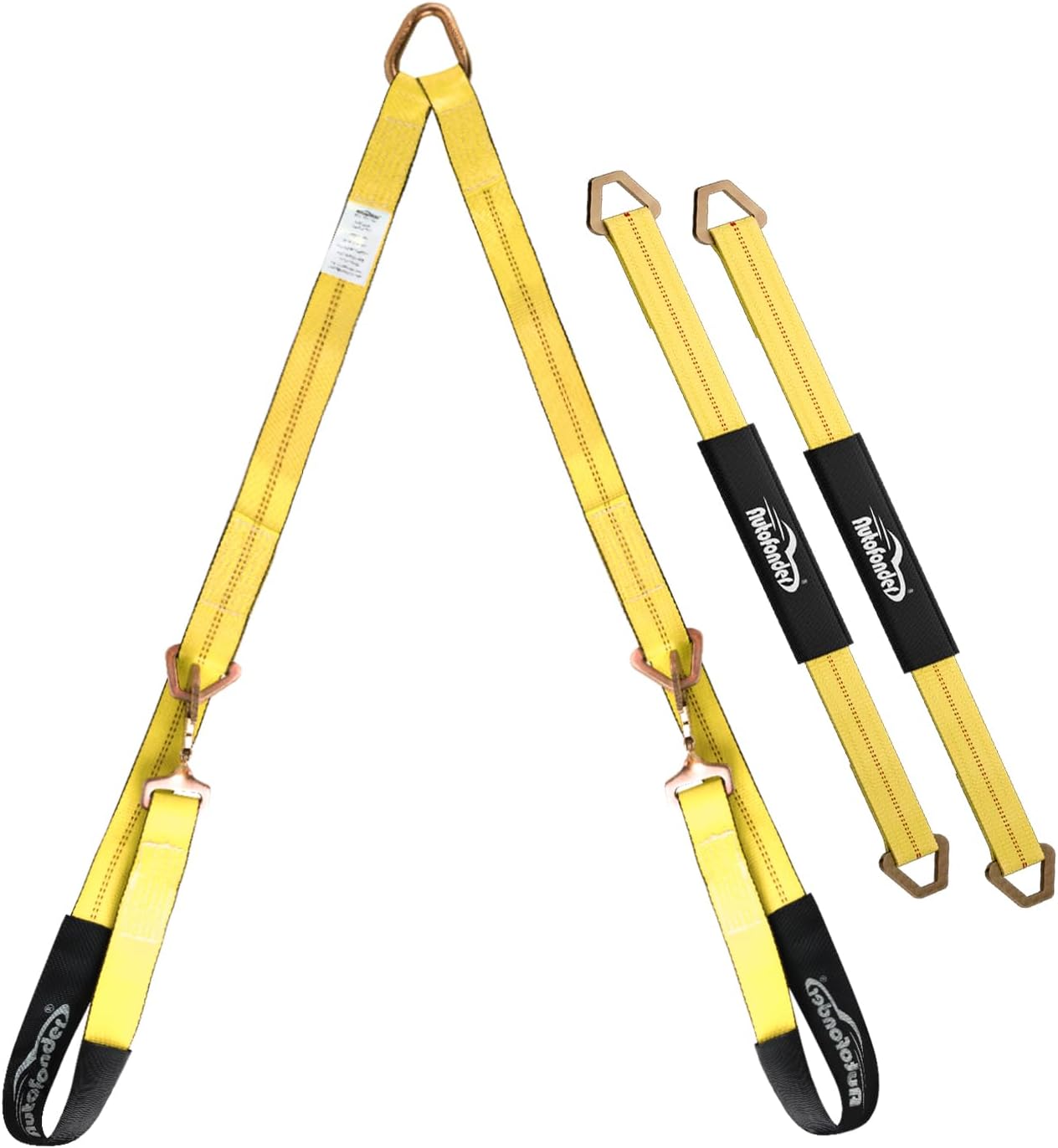 Heavy-Duty Tow Straps with Snap Hooks,2" x4' Yellow V-Bridle Strap with Cordura Sleeve,2 Pack 2"x36" Axle Straps, D-Ring for Tow Trucks, Car Hauler, Recovery, Enhanced Safety(Yellow)