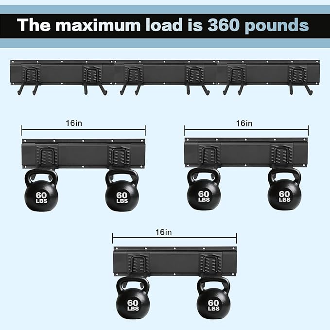 Garage Tool Organizer Wall Mount 48in- 6 Heavy Duty Hooks, 360lbs Capacity - Image 7