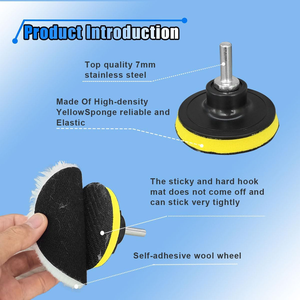 7PCS 3 Inch Wool Polishing Buffing Pad, Polisher Buffer Drill Attachment with Hook and Loop Back, M10 Drill Adapter, Car Buffing Wheel Pads for Waxing, Detailing, Polishing