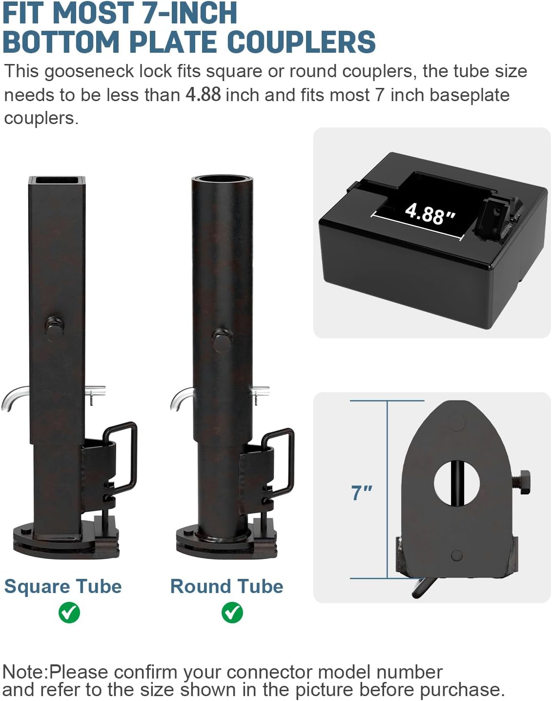 Upgraded Gooseneck Trailer Lock, Gooseneck Locks for Round and Square Trailer Tubes, Heavy Duty Locks for Most 7-Inch Baseboard Couplers - Black