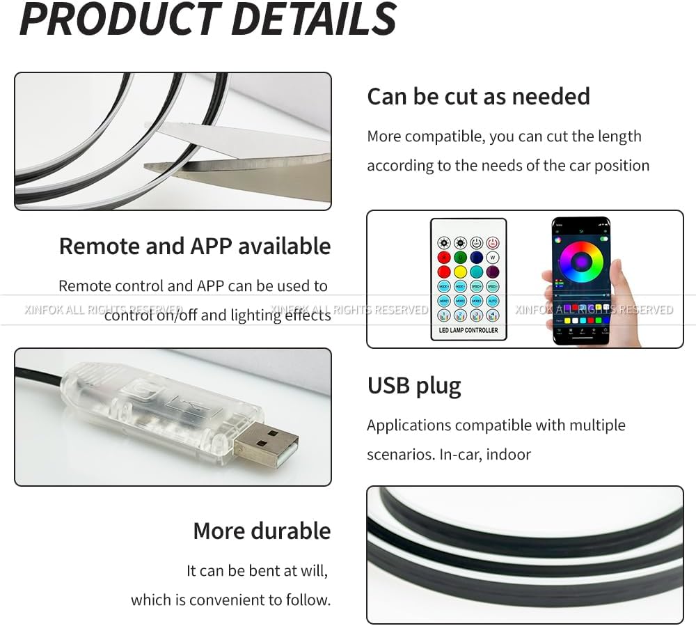 Ambient Lighting Car led Lights Interior, 43.3'' USB Powered Acrylic Neon Flexible Strip Model y Ambient Lighting kit with Remote APP,Dynamic RGB 2 in 1 Music Lights Sync for Inside car Decorations