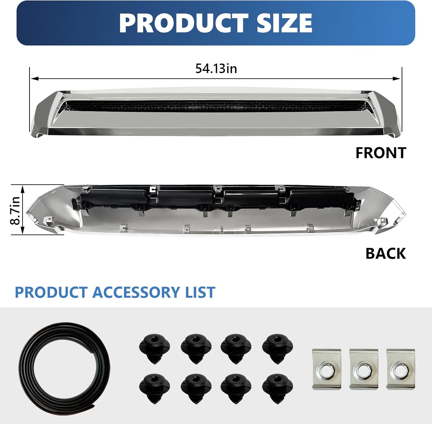 Front Upper Hood Bulge Molding Grille Trim Compatible with 2014-2021 Toyota Tundra Hood Scoop Grill Trim Hood Molding Replacement for 76180-0C030 (Chrome)