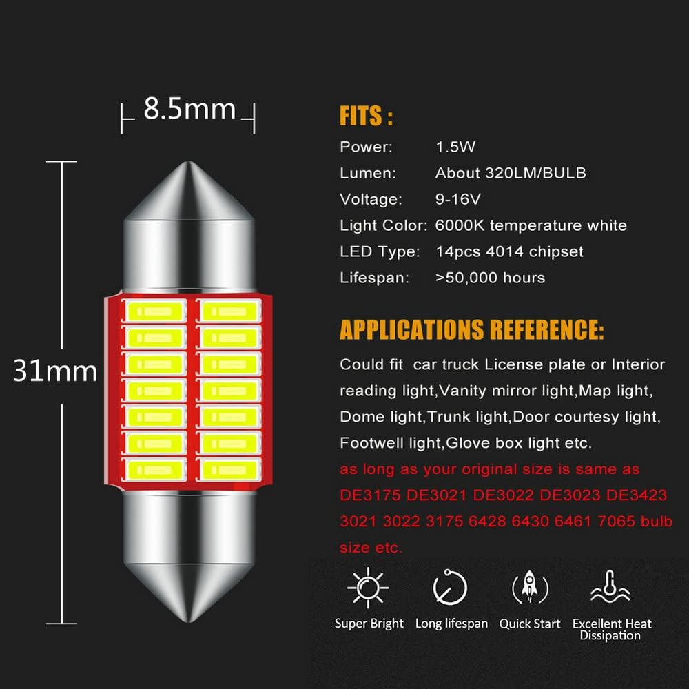 31MM Festoon DE3175 3175 LED Bulb for Car Interior Map Dome Light | Trunk Door Courtesy Footwell Light Super Bright 6000K White 10-Pack