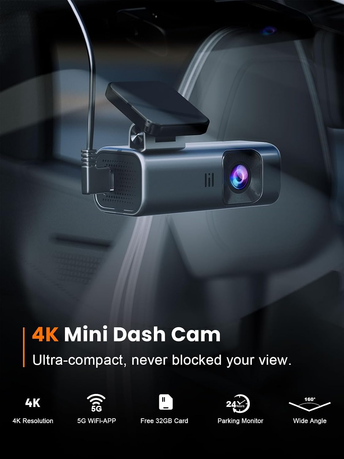 galphi 4k dash cam front, 5ghz wifi, 32gb shown in use
