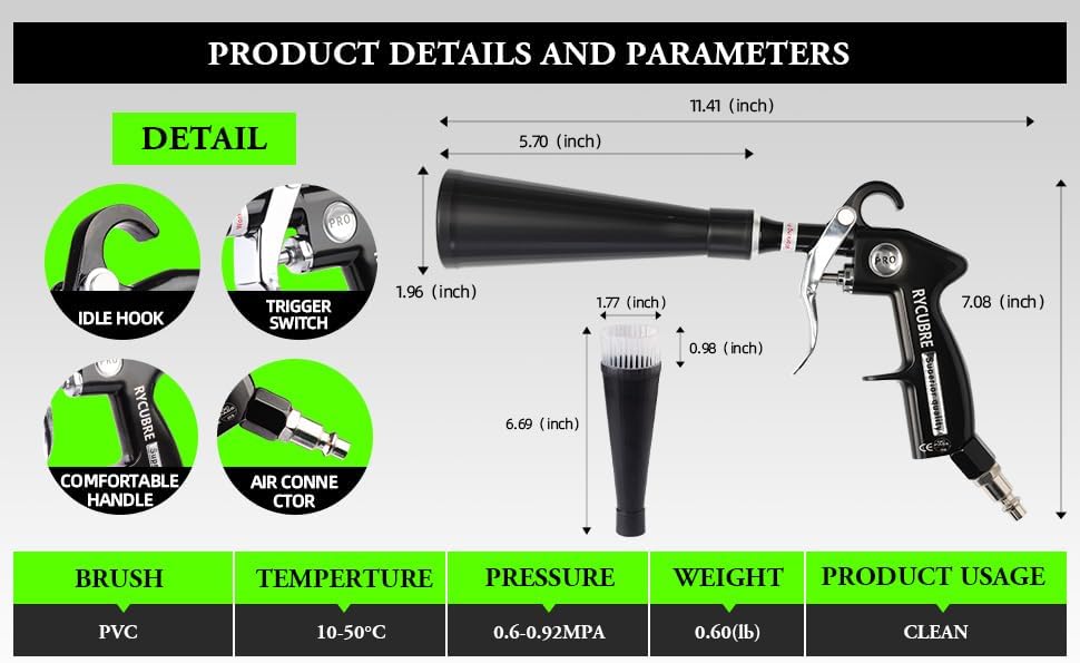 Tornado Dry Cleaning Gun Tornado Car Cleaning Gun Tornado Dry Air Blow Gun with 2 Nozzles + 2 American Connectors + 2 Microfiber Towels, Durable Metal Body, Anti-Drop, for Car Interior Cleaning
