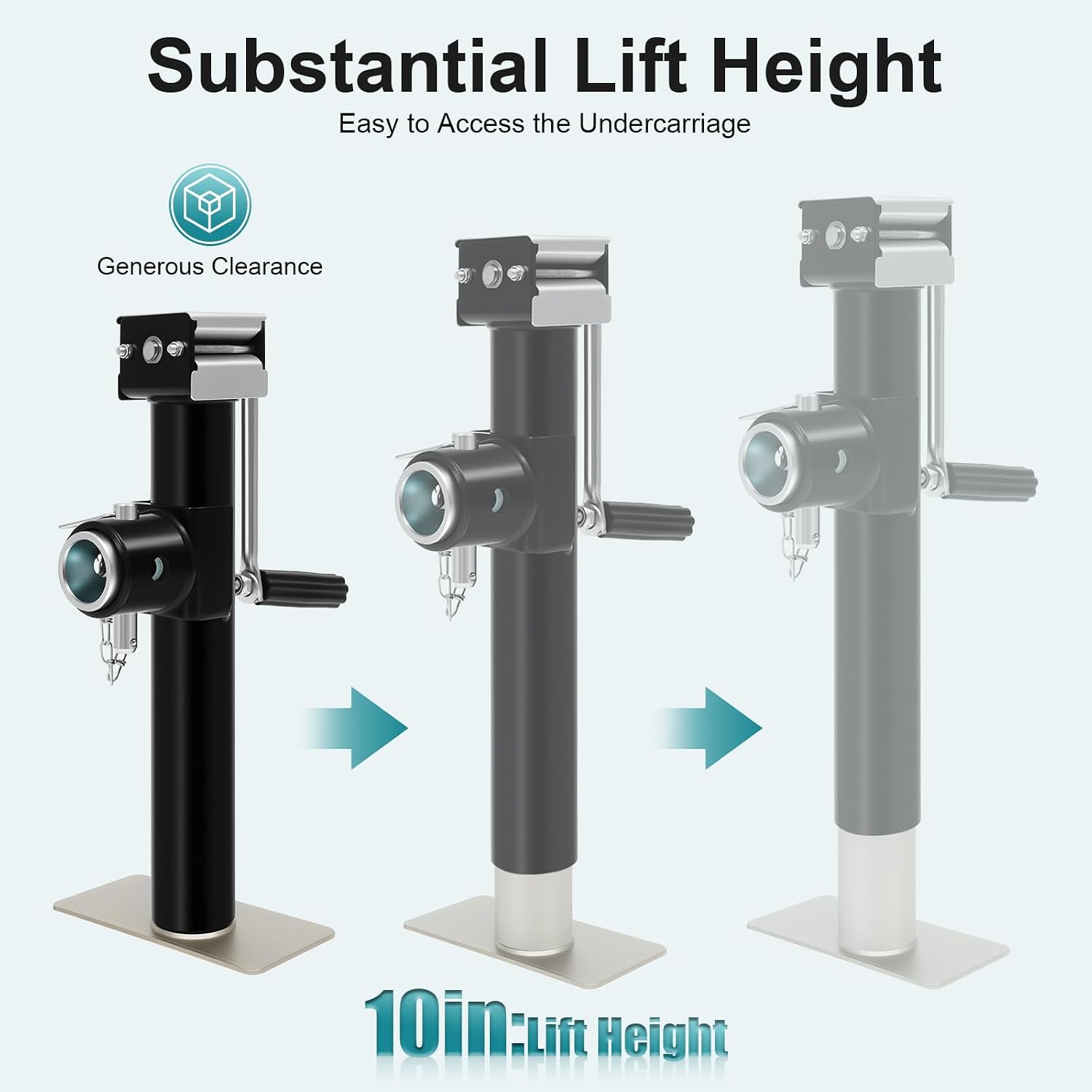 Trailer Jack, 1000 LBS Capacity Drop Leg Jack with Handle | 10 inch lift height, 6 inch wheel smooth mobility, 2200 lbs static capacity, side wind handle, for RV boat trailer
