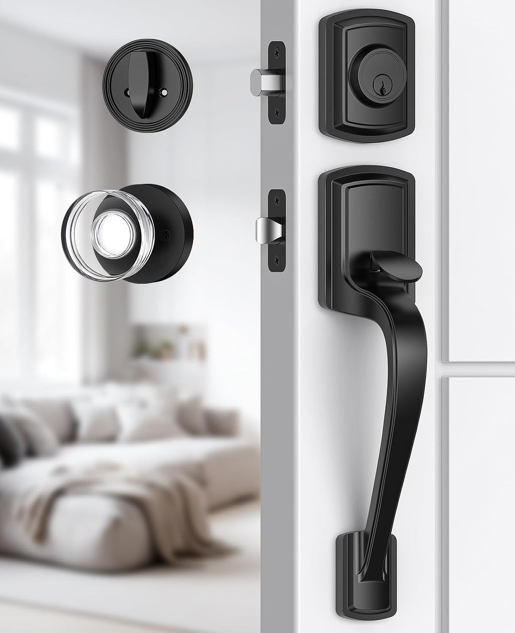 black front door handle and deadbolt set with, main product view