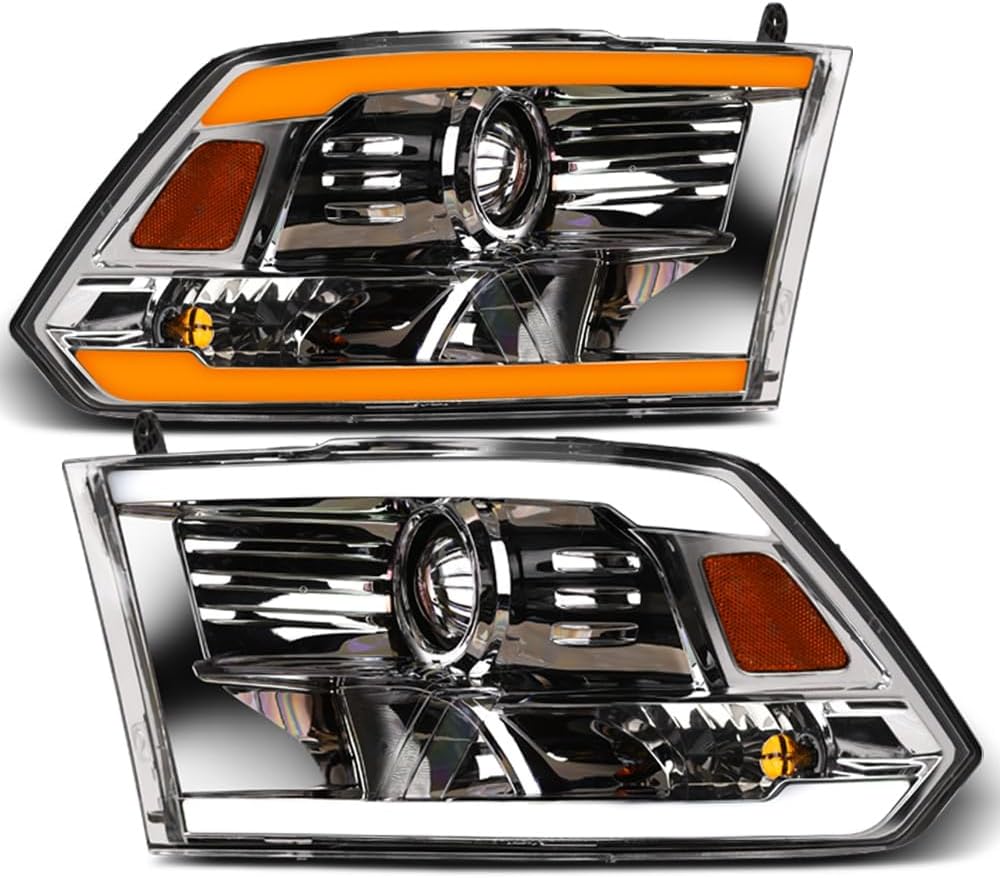 Switchback Sequential LED Strip Tube Bar Chrome Housing Projector Headlights Signal Lamps Amber Reflector nb Compatible With 09-18 Dodge Ram 1500/19-24 Classic / 10-18 2500 3500