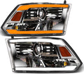 Switchback Sequential LED Strip Tube Bar Chrome Housing Projector Headlights Signal Lamps Amber Reflector nb Compatible With 09-18 Dodge Ram 1500/19-24 Classic / 10-18 2500 3500