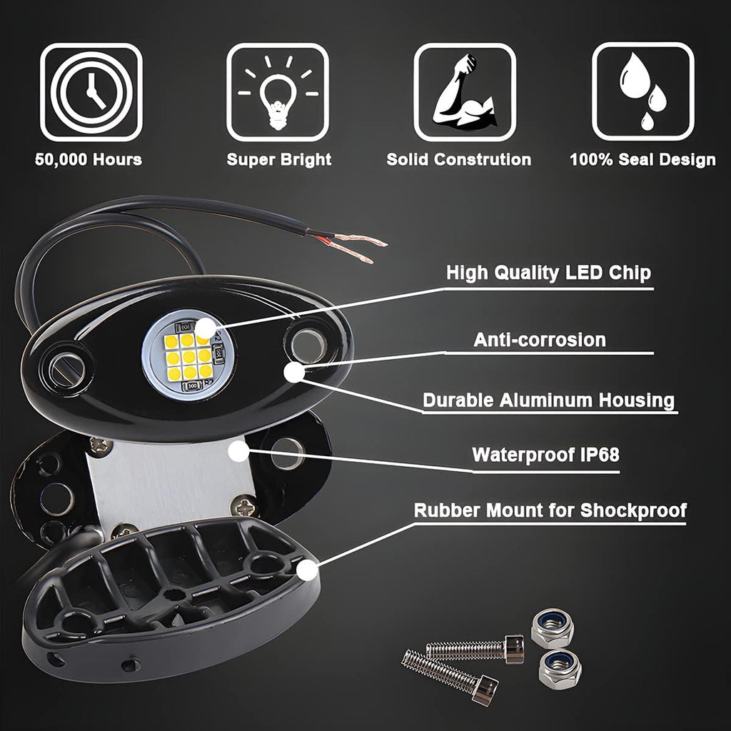 Rock Lights for Trucks, 4 Pods LED Rock Lights, IP67 Waterproof Neon Rock Lights Kits for Pickup ATV Off Road SUV, High Brightness Multifunction Underglow Lighting Glow Trail Rig Lamp (White)