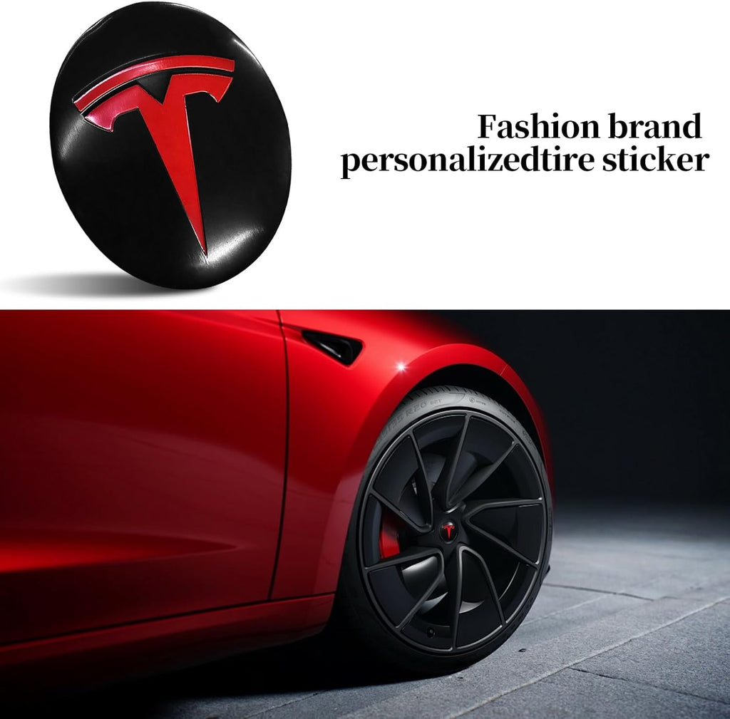 4 Pack Aluminum Waterproof Wheel Cover Center Emblem Sticker for Tesla Model 3 Model Y 56mm Hubcaps Wheel Rim Cover (Matte Black Background+Red Emblem)