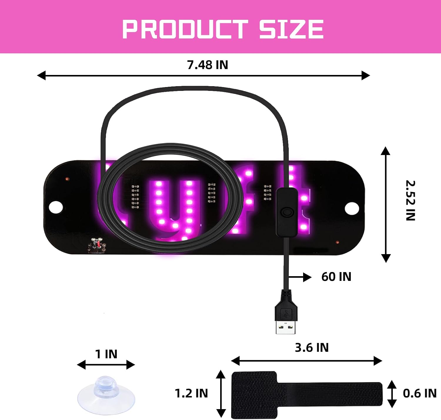 LED Light for Car, LED Sign for Car Windshield, Taxi Sign Decal with Suction Cups and Hook and Loop Cable Ties USB Plug, Trucks, SUV (Pink)