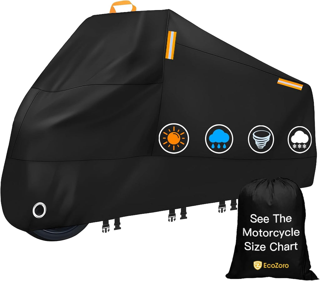 300D Heavy Duty Motorcycle Cover - All Season Waterproof Outdoor Protection with Lock-Holes, Night Reflective & Storage Bag Fits up to 96.5" Cruiser, Touring, Sportbike, Dirt Bike, Scooter