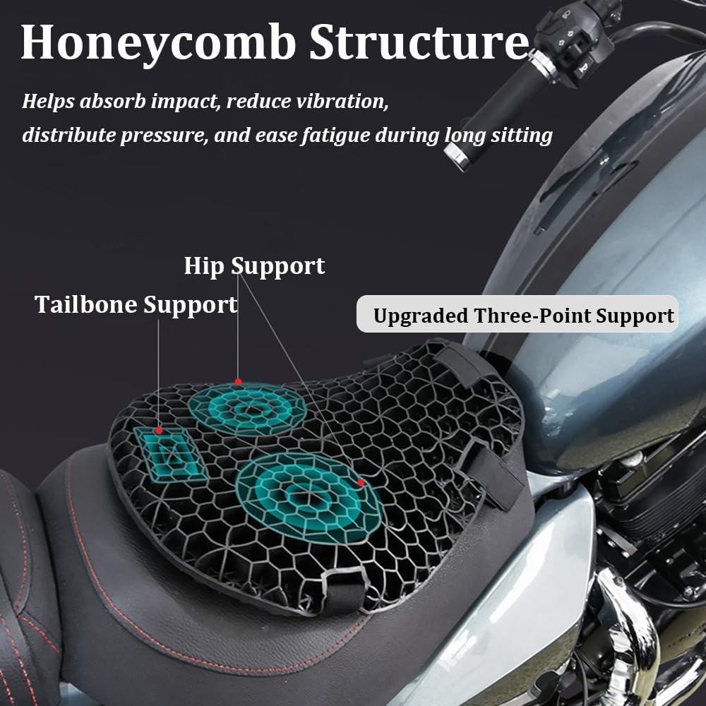 Motorcycle Seat Cushion for Kawasaki Versys X300 300 Versys X250 1000 Versys1000, Non-Slip Moto Gel Seat Pad, 3D Honeycomb Structure Shock Absorption and Breathable Seat Cover for Long Rides