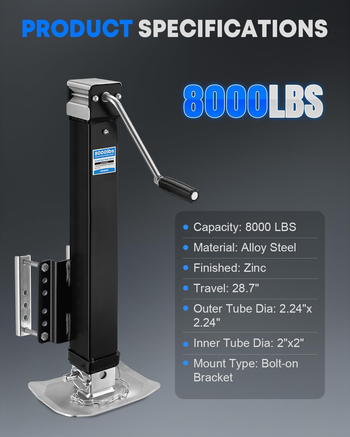 Kohree 8000 lbs Trailer Jack Heavy Duty, Bolt on Trailer Jack for Yacht, Boat, Horse, Utility Trailers, Adjustable RV Tongue Jack with Drop Leg & Ergonomic Handle