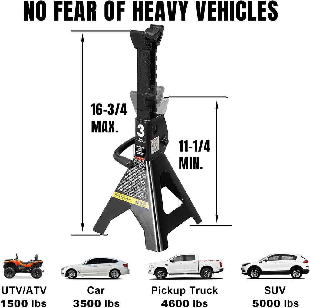 Torin AT43202B-1 Steel Jack Stands: 3 Ton (6,000 lb.) Capacity, Black, 1 Pair