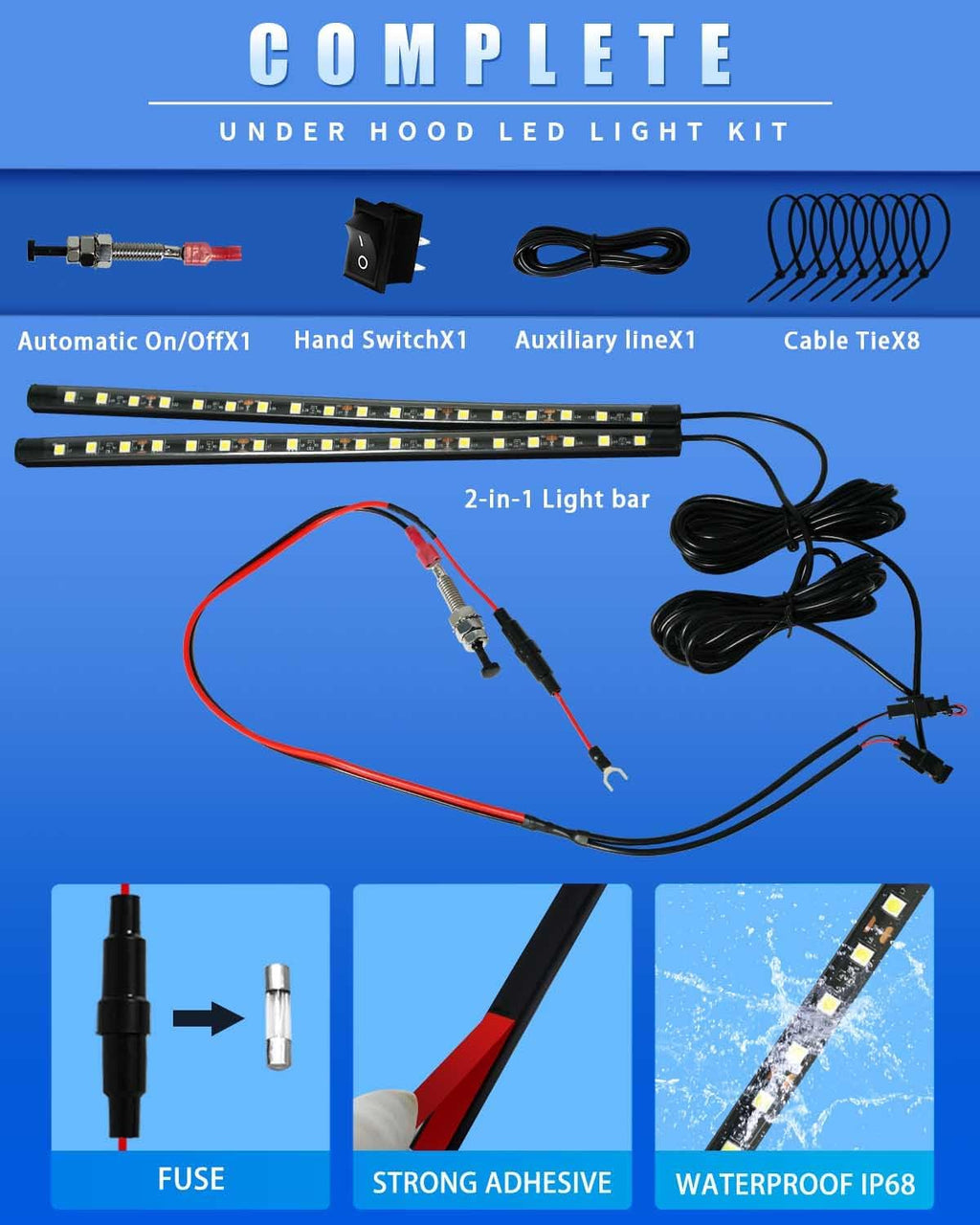 Under Hood Light Under Hood Led Light Kit for Car Engine Bay Led Light kit Car Hood Work Lights Inspection Lights with Automatic On/Off, Universal Fits Any Vehicle 12V 1Set