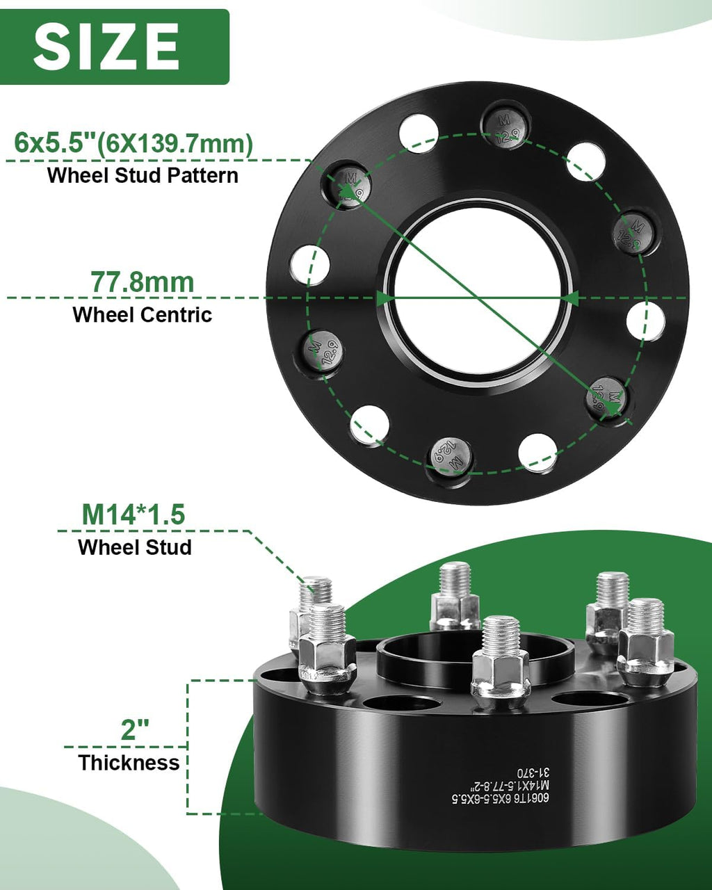 2 Inch 6x5.5 Wheel Spacers for 2019-2024 Ram 1500, 6x139.7 Wheel Spacers 77.8mm Hubcentric with 14x1.5 Stud