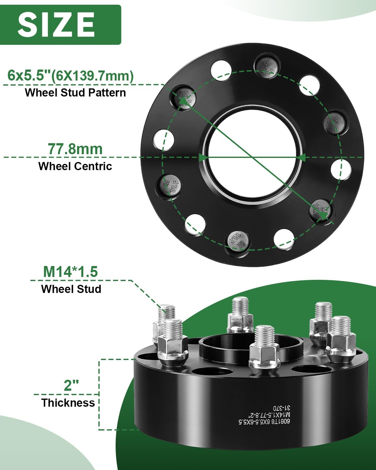 2 Inch 6x5.5 Wheel Spacers for 2019-2024 Ram 1500, 6x139.7 Wheel Spacers 77.8mm Hubcentric with 14x1.5 Stud