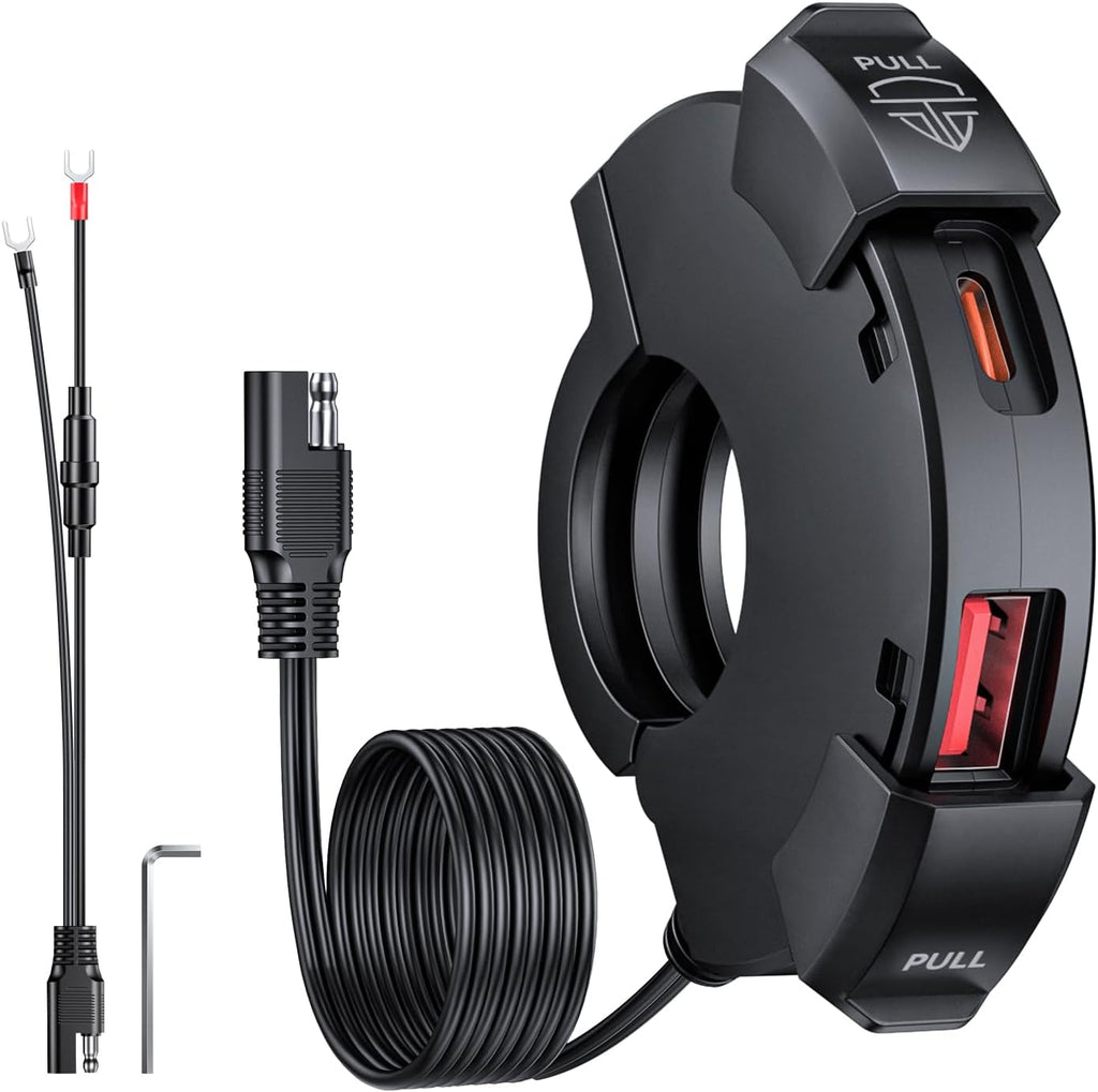 EXTRACTME Motorcycle Phone Charger, Ultra-Narrow Dual USB Type C 30W PD & Quick Charge 3.0 Motorcycle USB Charger, Waterproof Motorcycle USB Port for Phone, Tablet, GPS (Only 0.51 in Wide), Black