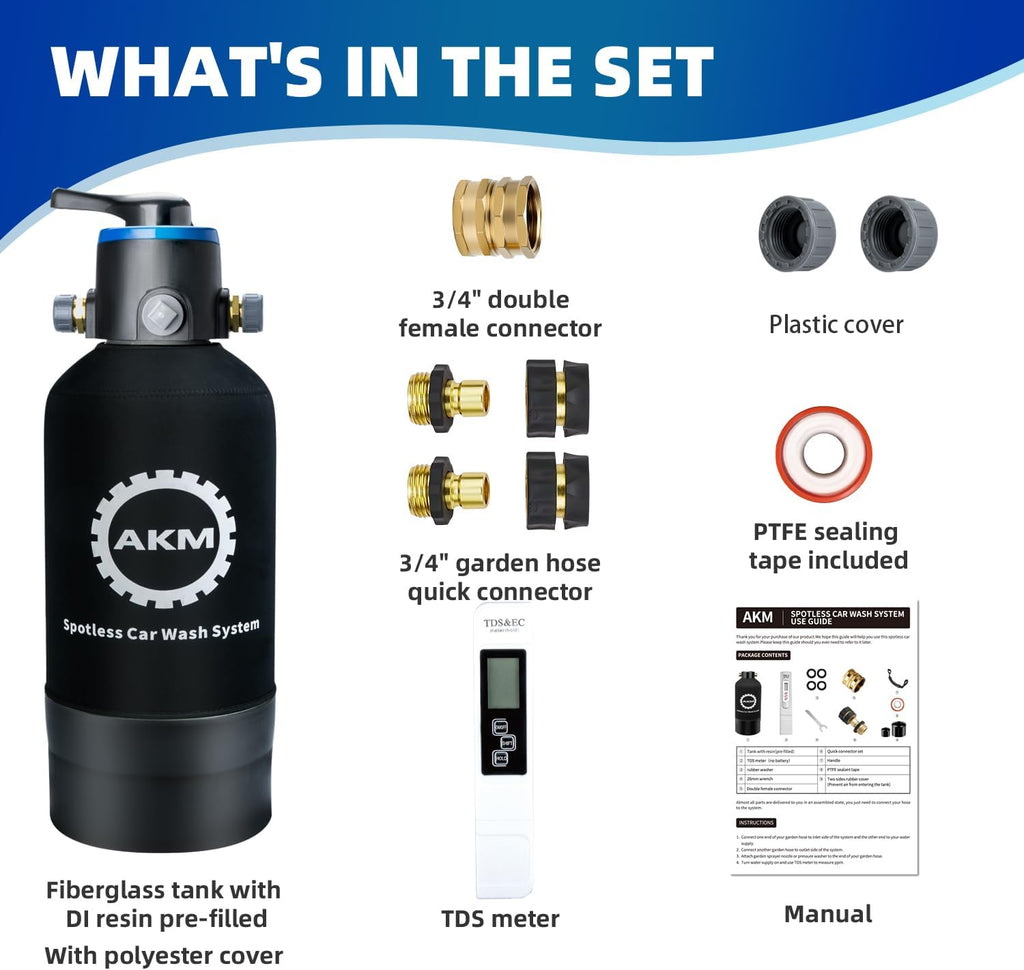 AKM Spotless Water System for car wash,Pre-Filled with DI Resin, with Bypass, DI Water System,Garden Hose Quick Connector, Deionized Water System for RV, Vehicles, Motorcycles, Bikes, Boats, No Spots