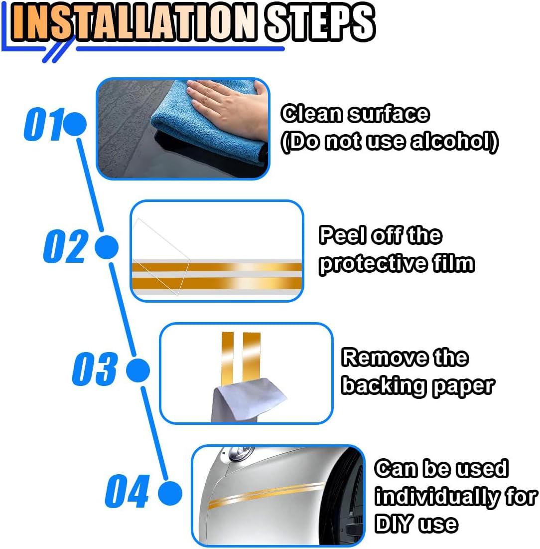32Ft Car Pinstriping Tape, Vinyl Pin Striping Decals Car Trim Stripe Tape DIY Stickers, Universal Car Hood Body Side Stripe Glossy for Auto Motorcycle Home Door Musical Instrument (Gold)
