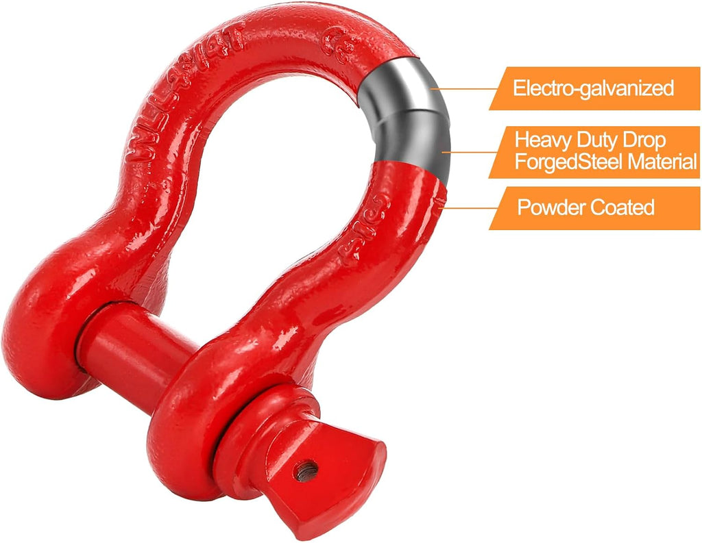 Bekith 3 Pack D Ring Shackles - 3/4" Rugged Unbreakable Heavy Duty Tow Shackle for Strap, Winch, Vehicle Recovery - 28.5 Ton (57,000 Lbs) Maximum Break Strength, Red