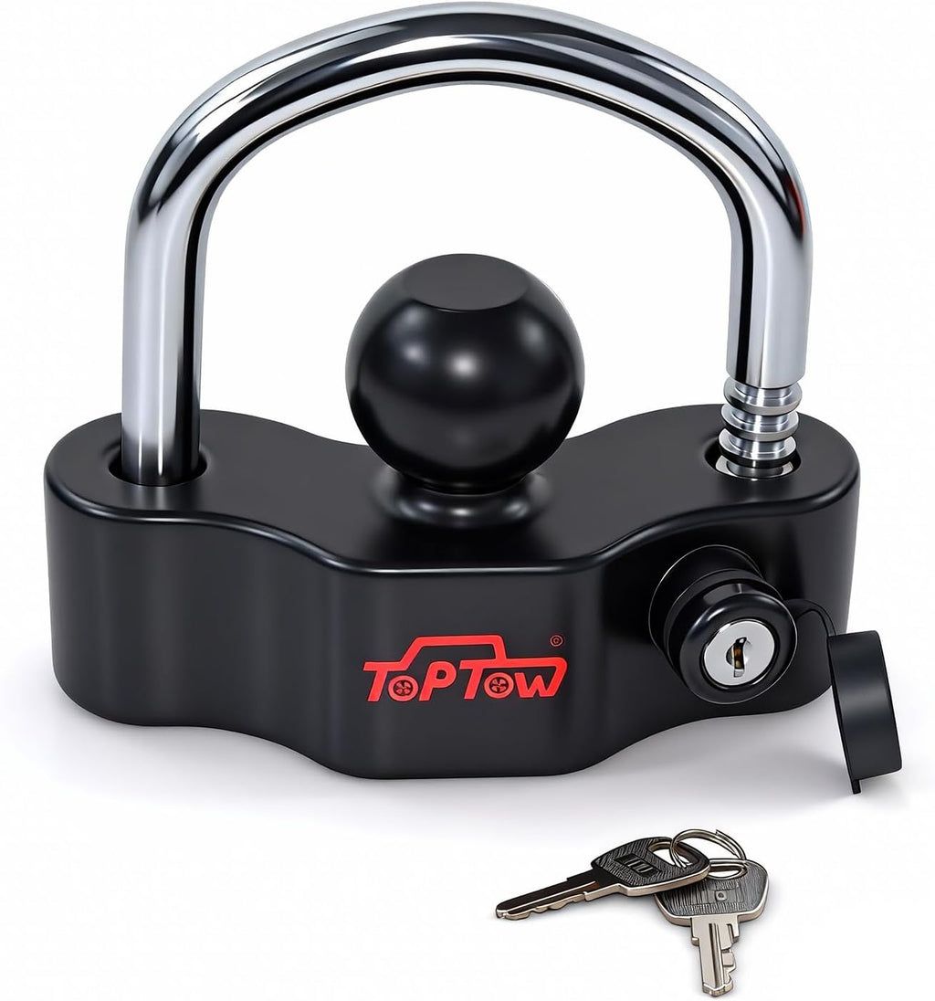 TOPTOW Trailer Hitch Lock Universal Coupler Lock, Fit for 1 7/8-inch, 2-inch and 2 5/16-inch Ball Hitch Trailer Coupler, Heavy Duty, Black, 2 Flat Keys Included
