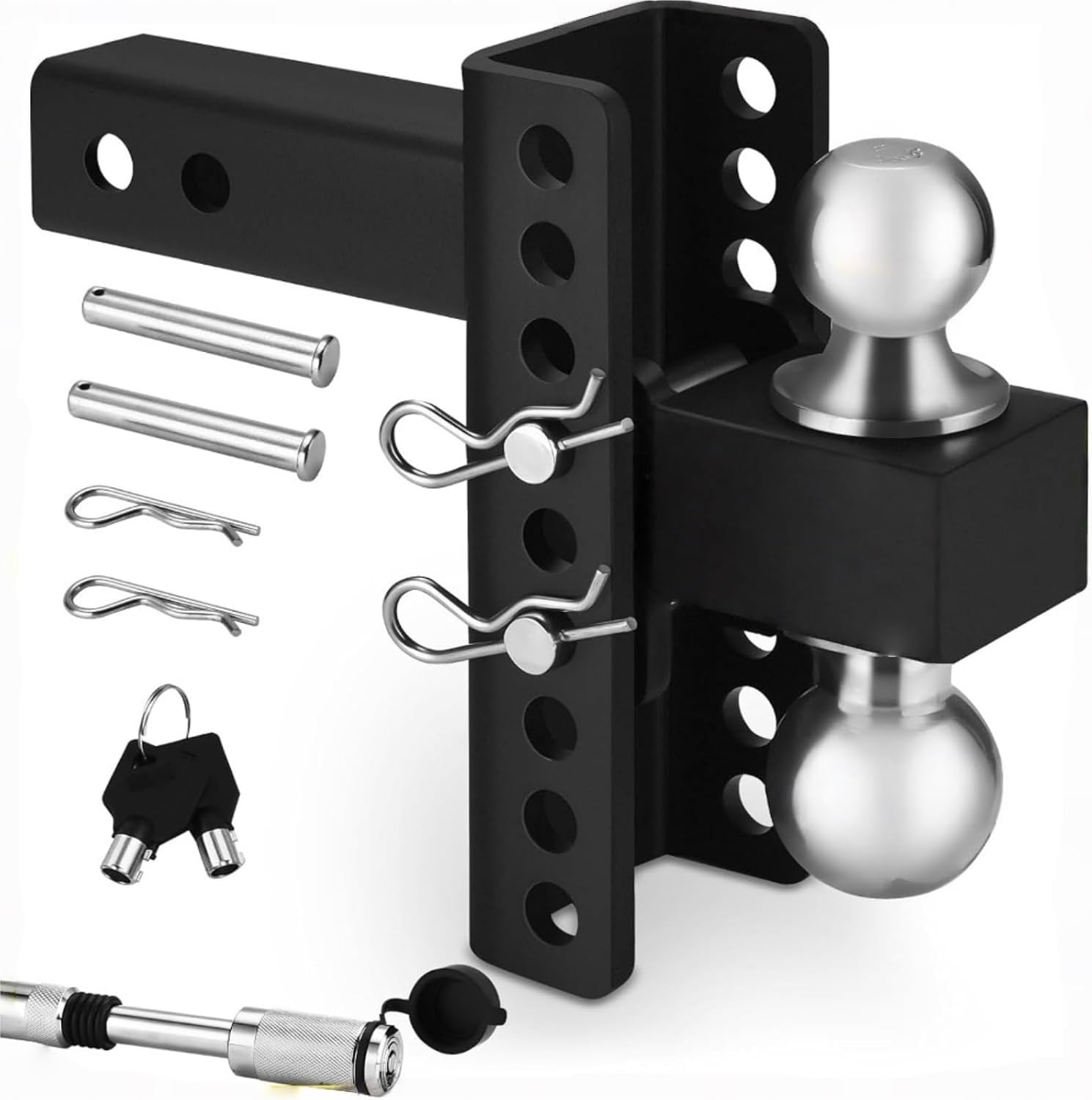 Adjustable 2" Trailer Hitch 6" Drop/Rise Dual-Ball 12,000 Lbs GTW Locks