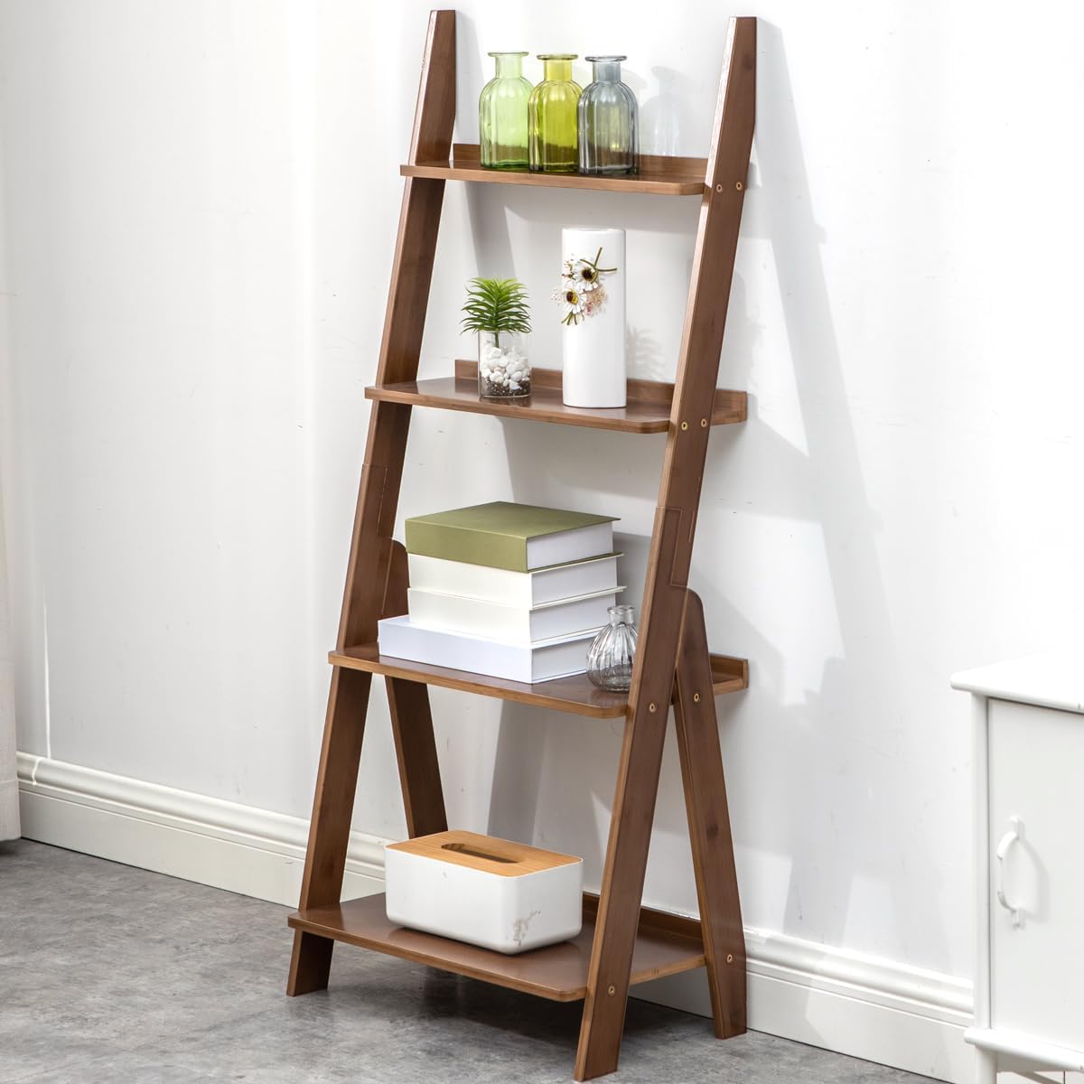 Maydear Bamboo Ladder Shelf Bookcase, 4-Tier Leaning Bookshelf Free Standing