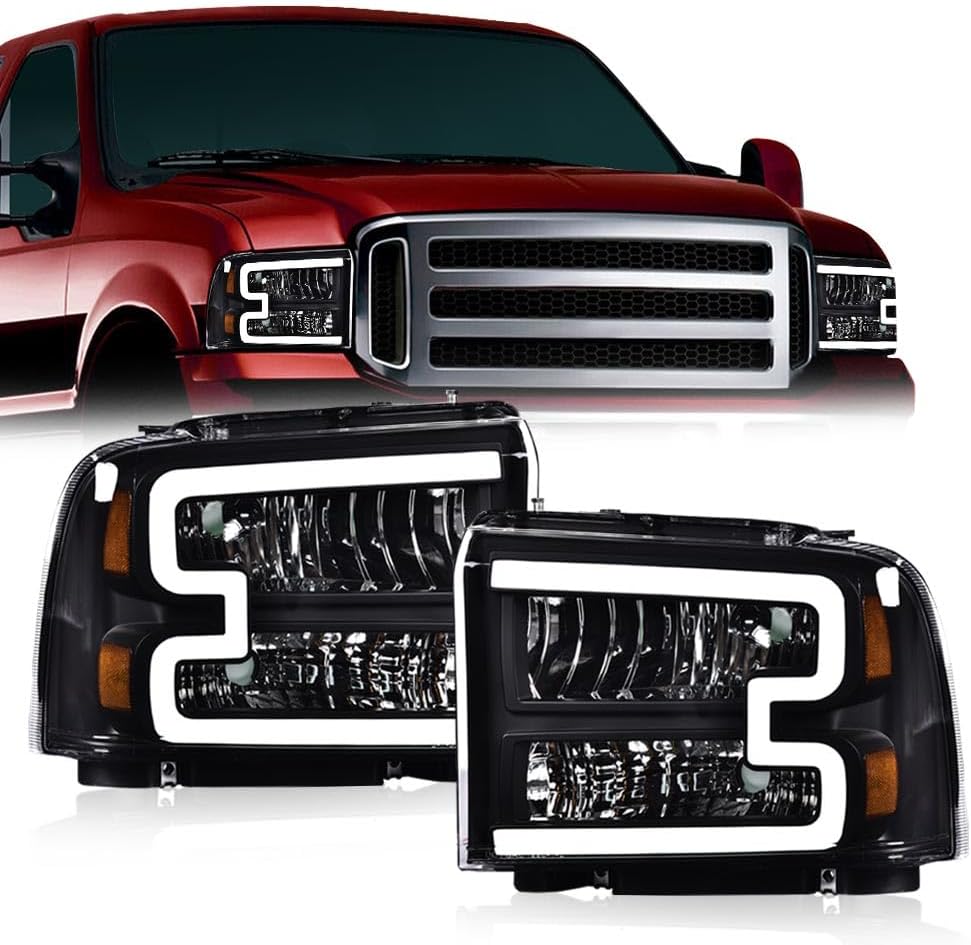 LED DRL Headlights Assembly Front Headlamp Clear Lens Black Housing Amber | Compatible with Ford F250 F350 F450 F550 Super Duty 2005-2007, Fit Ford Excursion 2005, Reflector