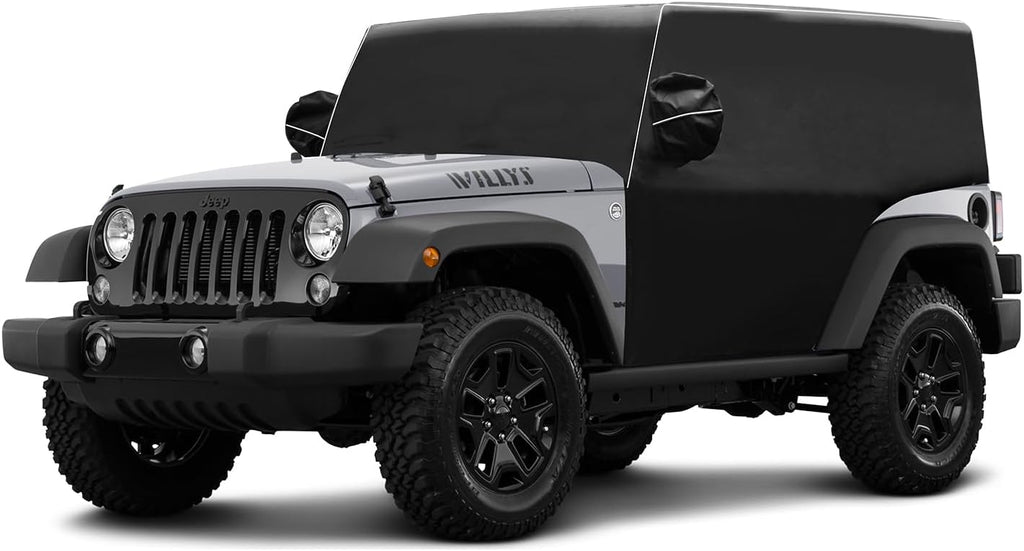 MAIKER OFF ROAD 600D Cab Cover Windproof Sunshade Cover Compatible with Jeep Wrangler JK JL 2-Door 2007-2024, 6-Layer Protection Frost Wiper & Mirror Covers Protect from Sunshine, UV, Snow, Rain