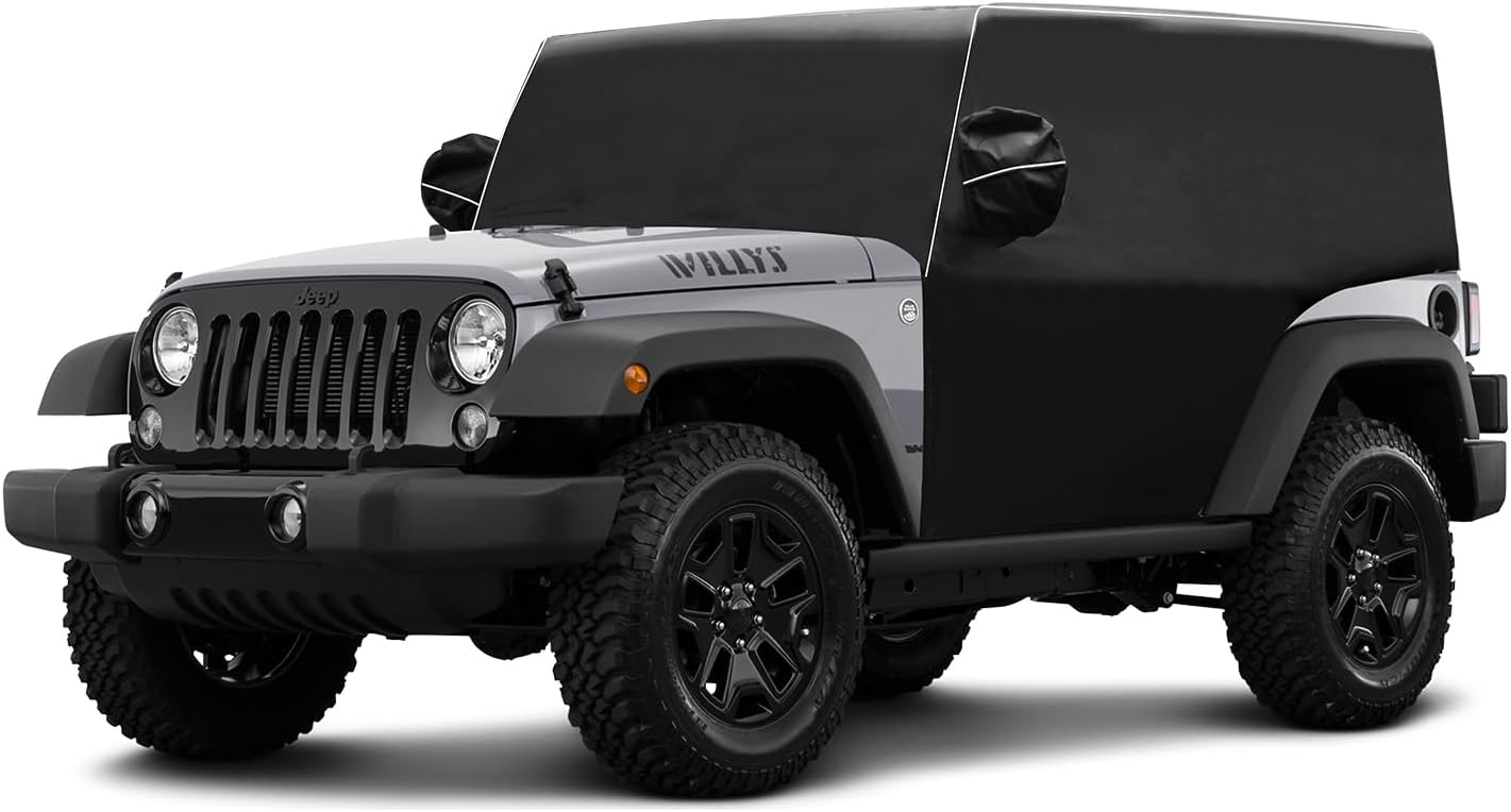 MAIKER OFF ROAD 600D Cab Cover Windproof Sunshade Cover Compatible with Jeep Wrangler JK JL 2-Door 2007-2024, 6-Layer Protection Frost Wiper & Mirror Covers Protect from Sunshine, UV, Snow, Rain