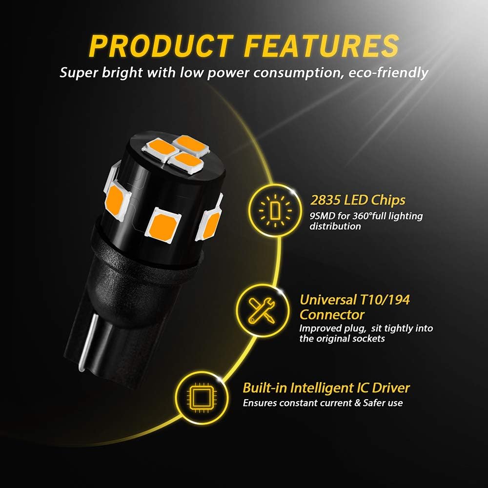 AUXLIGHT 194 168 2825 T10 LED Interior Light Bulbs Amber Yellow, Super Bright Replacement for Dome Map Door Trunk Courtesy License Plate Sidemarker Parking RV Camper Lights (Pack of 12)