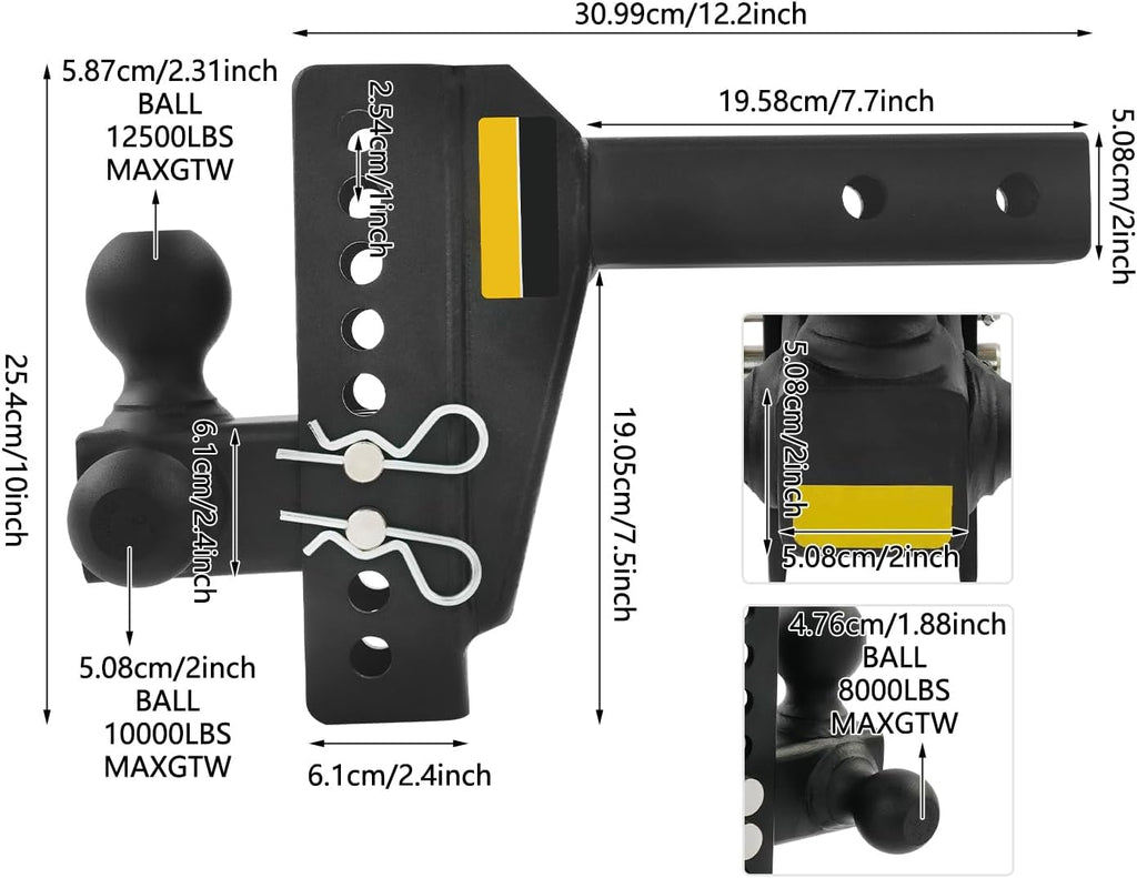 8" Triple Ball Trailer Hitch with Locks, 2" Receiver, Adjustable Tow Hook | Carbon steel, rust-resistant, fits trucks and RVs, includes anti-theft dual pin locks, easy adjust, 3 ball sizes