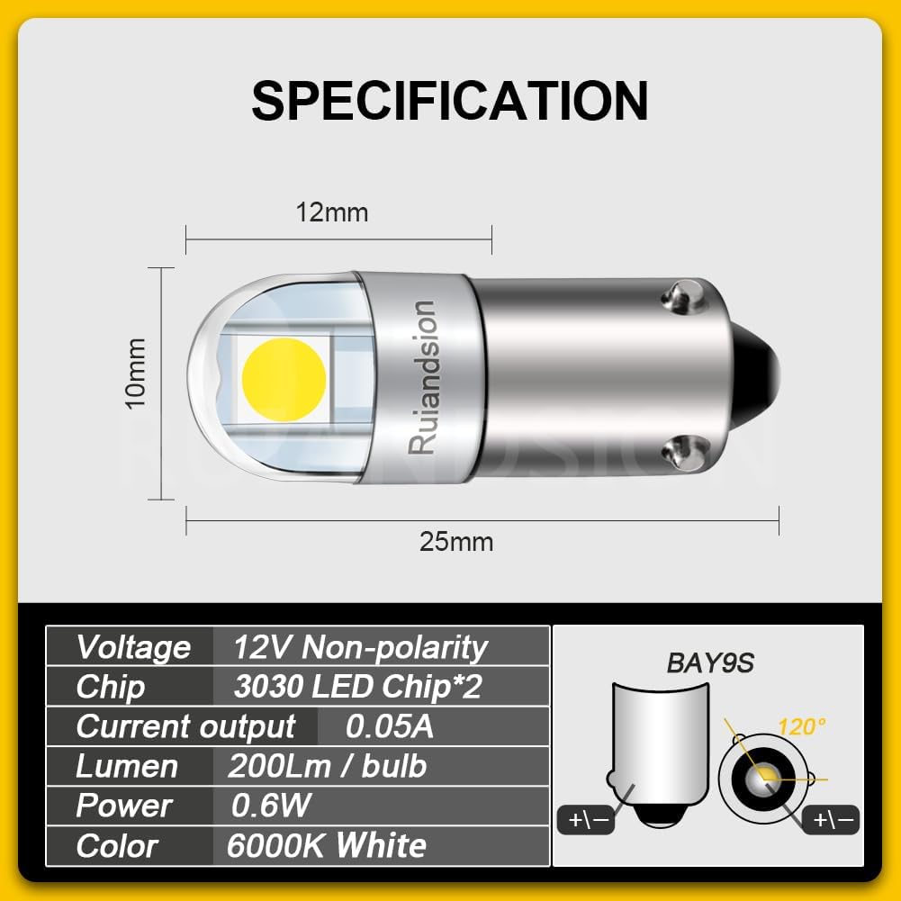 Ruiandsion BAY9S LED Dome Light H21W 64136 12V Non Polarity 200LM Super Bright 3030 2SMD Chipset White for Car Interior Side Door Courtesy Map Lights Pack of 10